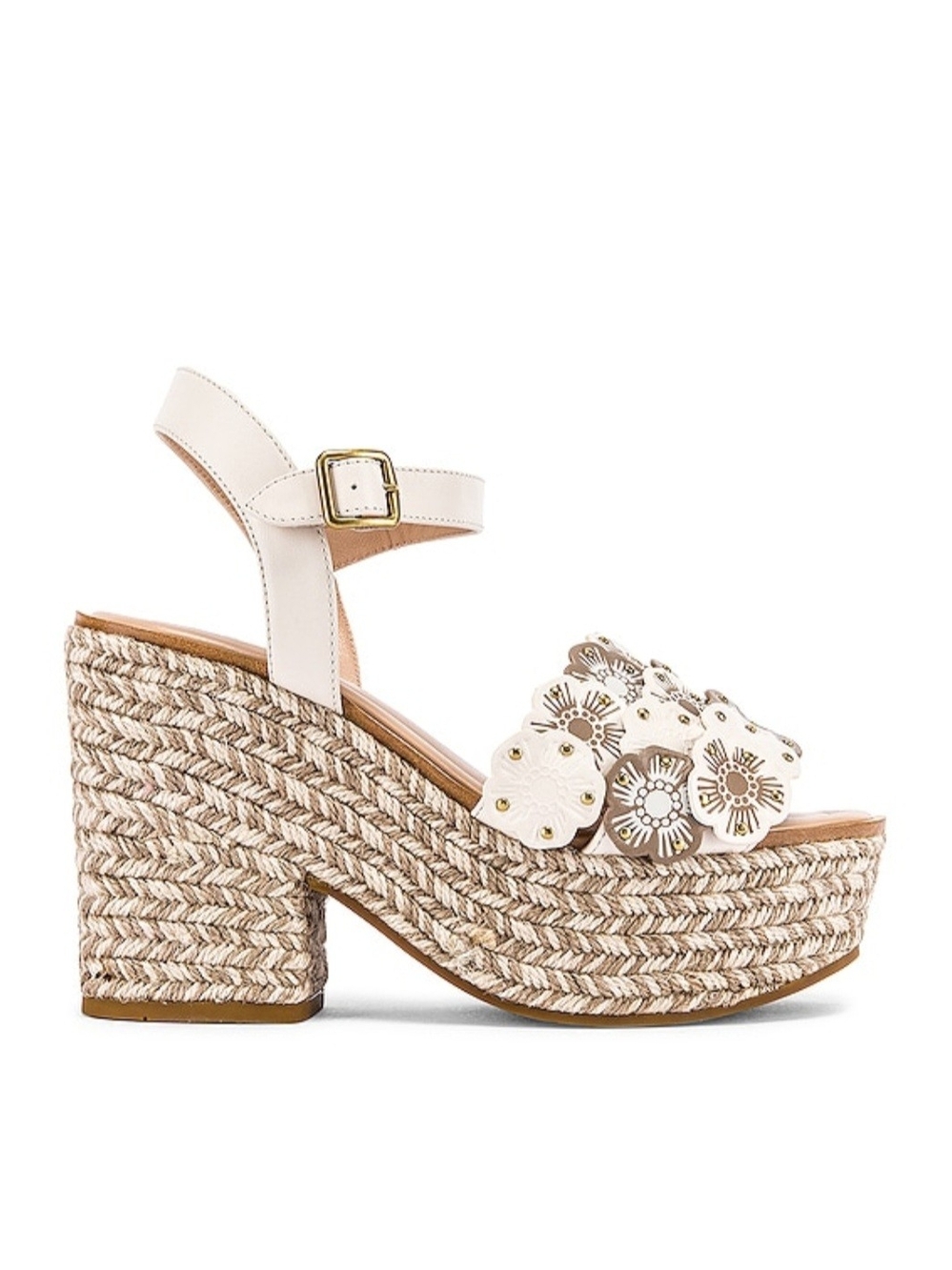 Coach Tea Rose Jae Leather Espadrille Wedge Sandals Chalk 9.5